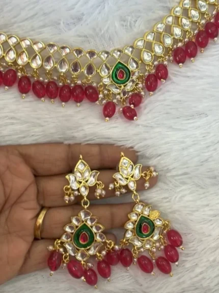 Rajputi Panchi Kundan Look Pink-Green Set with Earrings