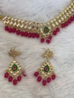 Rajputi Panchi Kundan Look Pink-Green Set with Earrings - Image 2