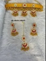 Viral Gold Look Moti Powai Set With Tika and Earrings