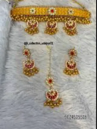 Viral Gold Look Moti Powai Set With Tika and Earrings