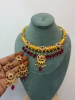 Royal Rajputi Pink Floral Chand Kundan Hasli Necklace Set - Image 2