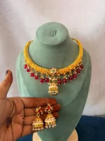 Royal Rajputi Pink Jhumki Kundan Hasli Necklace Set - Image 2
