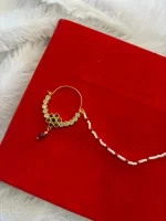 Gold-Plated AD Nath (Nose Ring) with Pearl Beads & Chain