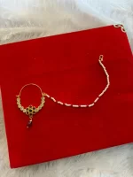 Gold-Plated AD Nath (Nose Ring) with Pearl Beads & Chain - Image 3
