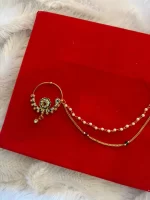 Gold-Plated AD Nath (Nose Ring) with Pearl Beads & Chain