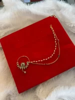 Gold-Plated AD Nath (Nose Ring) with Pearl Beads & Chain - Image 2