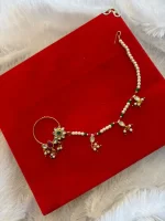 Gold-Plated Kundan Nath (Nose Ring) with Pearl Beads & Chain