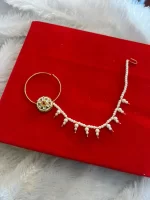 Gold-Plated Kundan Nath (Nose Ring) with Pearl Beads & Chain - Image 2