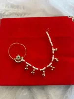 Gold-Plated Kundan Nath (Nose Ring) with Pearl Beads & Chain