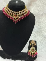 Royal Heavy Pink Green Kundan Necklace Set - Image 2