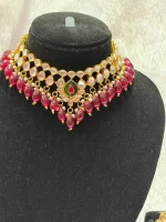 Royal Heavy Pink Green Kundan Necklace Set - Image 3