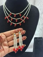 Elegant Three Layer Pearl Necklace with Red Stones