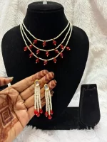 Elegant Three Layer Pearl Necklace with Red Stones - Image 2