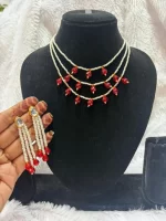 Elegant Three Layer Pearl Necklace with Red Stones - Image 3