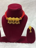 Royal Red Beaded Heavy Chidd Necklace Set in Gold Finish - Image 3