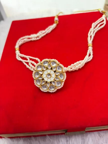 Elegant White Kundan Borla with Pearl Dori