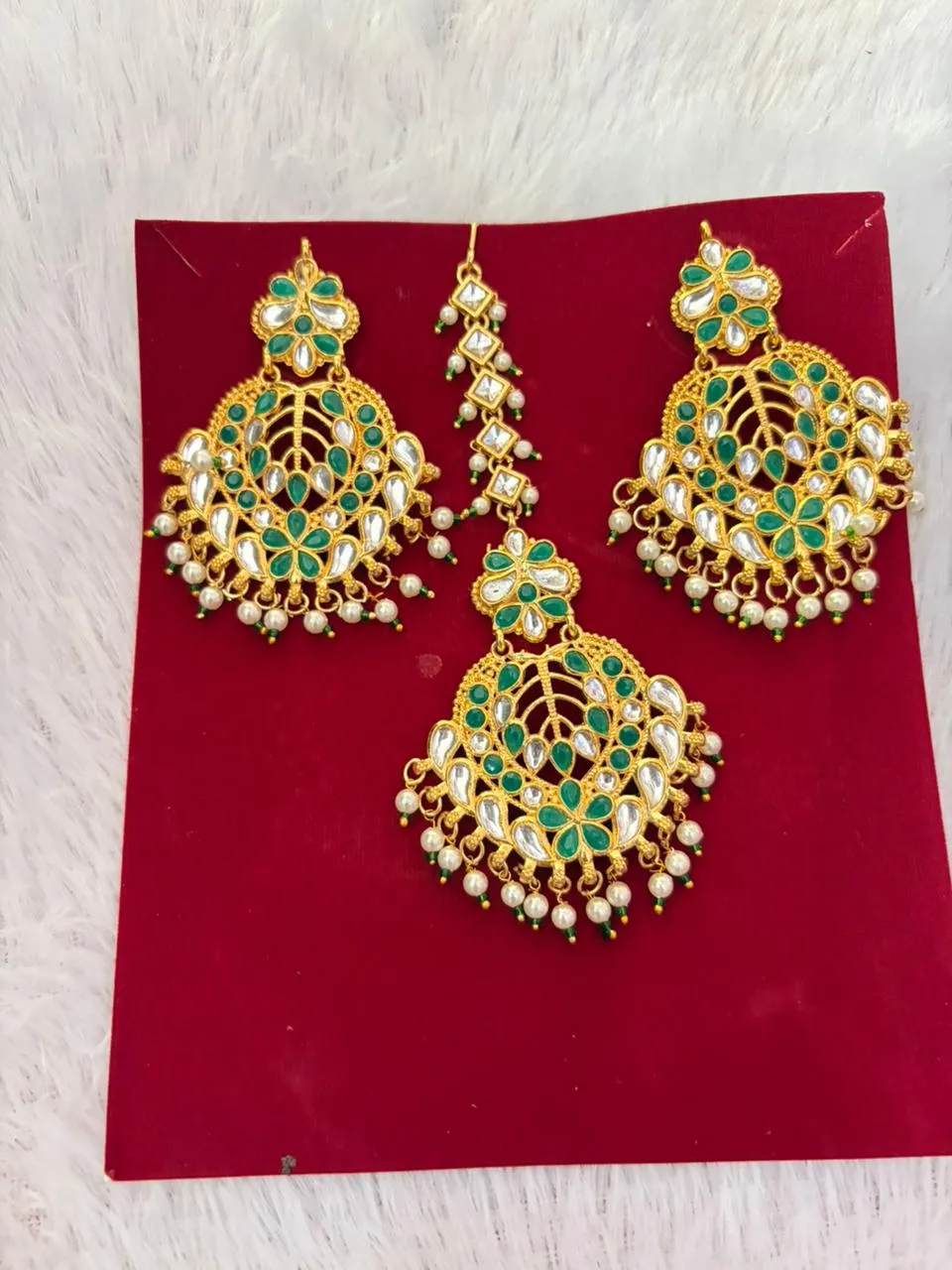 JB89.1 White Green Earrings with Maang Tikka Combo Set - Image 1