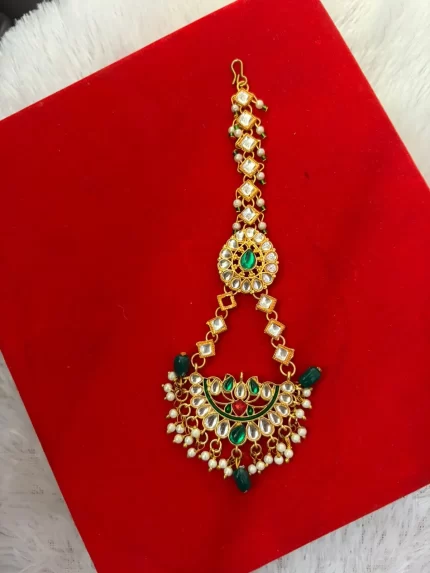 Elegant White Green Kundan Tikka
